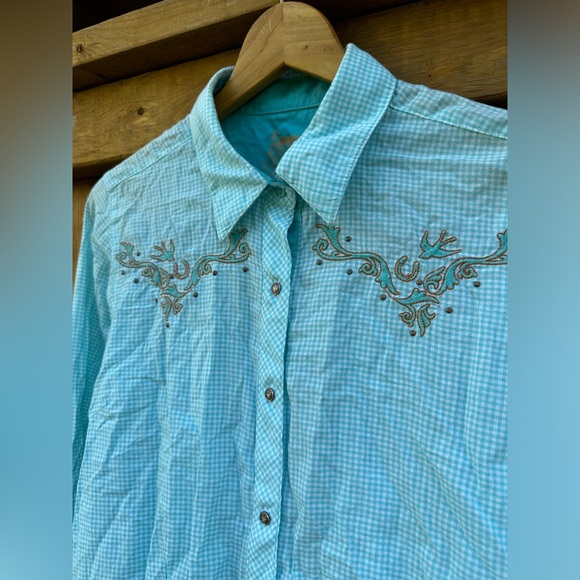 Vintage Western Shirt Cowgirl Southwestern Aqua Orange Country Top Festival - Picture 8 of 17